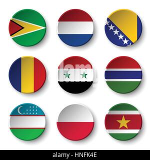 Set of world flags round badges ( Guyana . Netherlands . Bosnia and Herzegovina . Romania . Syria . Gambia . Uzbekistan . Poland . Suriname ) Stock Vector