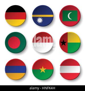 Set of world flags round badges ( Germany . Nauru . Maldives . Bangladesh . Indonesia . Guinea-Bissau . Armenia . Burkina Faso . Austria ) Stock Vector