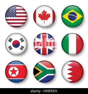 Set of world flags round badges ( USA . Canada . Brazil . South korea . United kingdom of great britain . Italy . North korea . South africa . Bahrain Stock Vector
