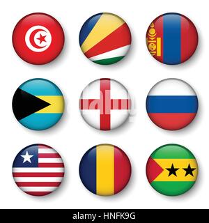 Set of world flags round badges ( Tunisia . Seychelles . Mongolia . Bahamas . England . Russia . Liberia . Chad . Sao Tome and Principe ) Stock Vector