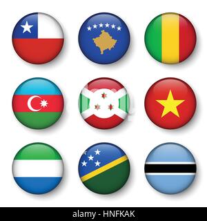 Set of world flags round badges ( Chile . Kosovo . Mali . Azerbaijan . Burundi . Vietnam . Sierra Leone . Solomon Islands . Botswana ) Stock Vector