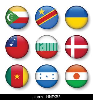 Set of world flags round badges ( Comoros . Democratic Republic of the Congo . Ukraine . Samoa , Bulgaria . Denmark . Cameroon . Honduras . Niger ) Stock Vector
