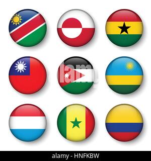 Set of world flags round badges ( Namibia . Greenland . Ghana . Taiwan . Jordan . Rwanda . Luxembourg . Senegal . Colombia ) Stock Vector