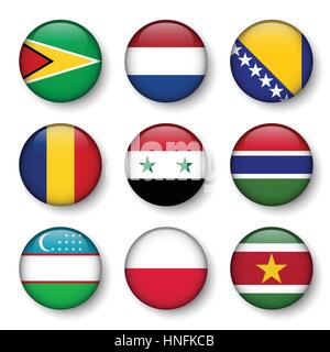 Set of world flags round badges ( Guyana . Netherlands . Bosnia and Herzegovina . Romania . Syria . Gambia . Uzbekistan . Poland . Suriname ) Stock Vector