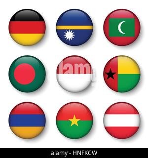 Set of world flags round badges ( Germany . Nauru . Maldives . Bangladesh . Indonesia . Guinea-Bissau . Armenia . Burkina Faso . Austria ) Stock Vector