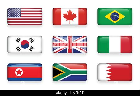 Set of world flags round rectangle buttons ( USA . Canada . Brazil . South korea . United kingdom of great britain . Italy . North korea . South afric Stock Vector