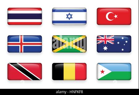 Set of world flags rectangle buttons ( Thailand . Israel . Turkey . Iceland . Jamaica . Australia . Trinidad and tobago . Belgium . Djibouti ) Stock Vector