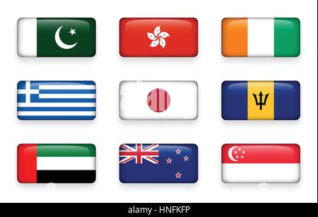 Set of world flags rectangle buttons ( Pakistan . Hong kong . Ivory Coast . Greece . Japan . Barbados . UAE . New zealand . Singapore ) Stock Vector