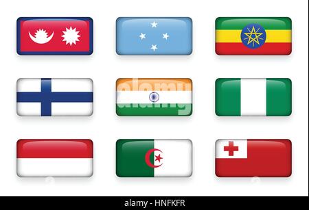 Set of world flags rectangle buttons ( Nepal . Micronesia . Ethiopia . Finland . India . Nigeria . Monaco . Algeria . Tonga ) Stock Vector