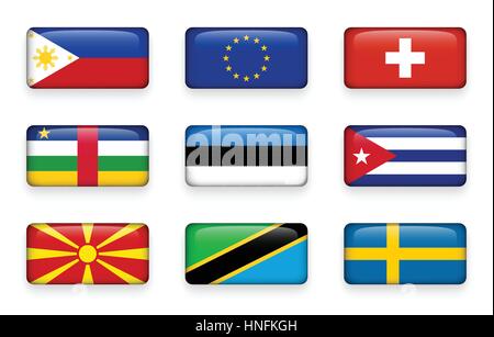 Set of world flags rectangle buttons ( Philippines . European union (EU) . Switzerland . Central African Republic . Estonia . Cuba . Macedonia . Tanza Stock Vector