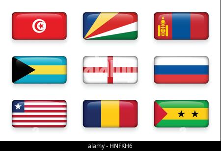 Set of world flags rectangle buttons ( Tunisia . Seychelles . Mongolia . Bahamas . England . Russia . Liberia . Chad . Sao Tome and Principe ) Stock Vector