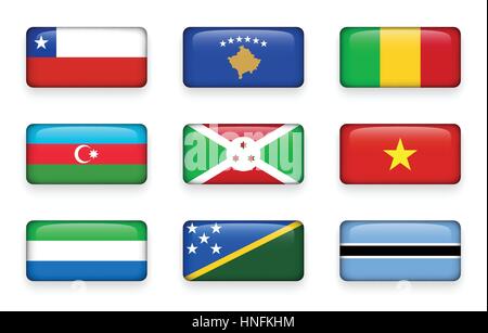 Set of world flags rectangle buttons ( Chile . Kosovo . Mali . Azerbaijan . Burundi . Vietnam . Sierra Leone . Solomon Islands . Botswana ) Stock Vector