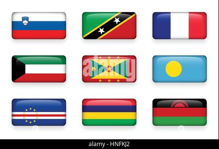 Set of world flags rectangle buttons ( Slovenia . Saint Kitts and Nevis . France . Kuwait . Grenada . Palau . Cape Verde . Mauritius . Malawi ) Stock Vector