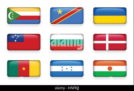 Set of world flags rectangle buttons ( Comoros . Democratic Republic of the Congo . Ukraine . Samoa , Bulgaria . Denmark . Cameroon . Honduras . Niger Stock Vector