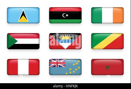 Set of world flags rectangle buttons ( Saint Lucia . Libya . ireland . Sudan . Antigua and Barbuda . Republic of the Congo . Peru . Tuvalu . Morocco ) Stock Vector