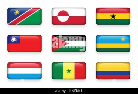 Set of world flags rectangle buttons ( Namibia . Greenland . Ghana . Taiwan . Jordan . Rwanda . Luxembourg . Senegal . Colombia ) Stock Vector