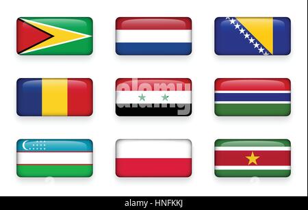 Set of world flags rectangle buttons ( Guyana . Netherlands . Bosnia and Herzegovina . Romania . Syria . Gambia . Uzbekistan . Poland . Suriname ) Stock Vector