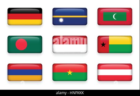 Set of world flags rectangle buttons ( Germany . Nauru . Maldives . Bangladesh . Indonesia . Guinea-Bissau . Armenia . Burkina Faso . Austria ) Stock Vector