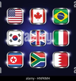 Set of world flags quadrangular glass buttons with steel border and twinkle ( USA . Canada . Brazil . South korea . United kingdom of great britain .  Stock Vector