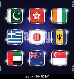 Set of world flags quadrangular glass buttons with steel border and twinkle ( Pakistan . Hong kong . Ivory Coast . Greece . Japan . Barbados . UAE . N Stock Vector