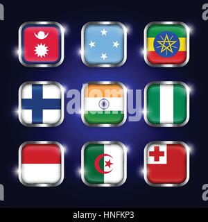 Set of world flags quadrangular glass buttons with steel border and twinkle ( Nepal . Micronesia . Ethiopia . Finland . India . Nigeria . Monaco . Alg Stock Vector