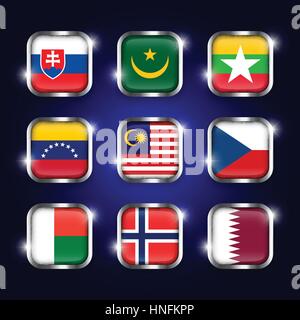 Set of world flags quadrangular glass buttons with steel border and twinkle ( Slovakia . Mauritania . Myanmar . Venezuela . Malaysia . Czech . Madagas Stock Vector