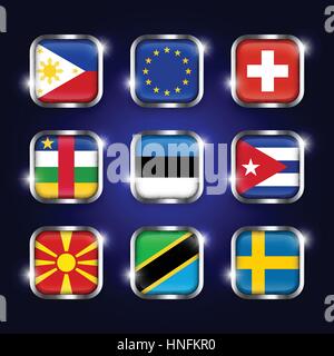 Set of world flag quadrangular glass button with steel border and twinkle (Philippines . European union (EU) . Switzerland . Central African Republic  Stock Vector
