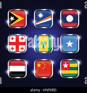 Set of world flags quadrangular glass buttons with steel border and twinkle ( East Timor . Marshall Islands . Laos . Georgia . Saint Vincent and the G Stock Vector