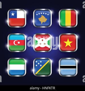 Set of world flags quadrangular glass buttons with steel border and twinkle ( Chile . Kosovo . Mali . Azerbaijan . Burundi . Vietnam . Sierra Leone .  Stock Vector