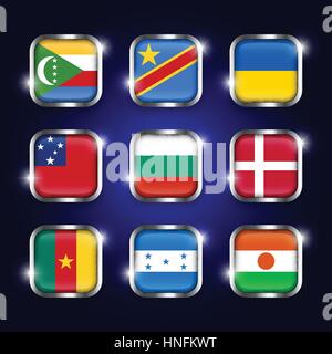 Set of world flags quadrangular glass buttons with steel border and twinkle ( Comoros . Democratic Republic of the Congo . Ukraine . Samoa , Bulgaria  Stock Vector