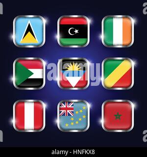 Set of world flags quadrangular glass buttons with steel border and twinkle ( Saint Lucia . Libya . ireland . Sudan . Antigua and Barbuda . Republic o Stock Vector