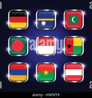 Set of world flags quadrangular glass buttons with steel border and twinkle ( Germany . Nauru . Maldives . Bangladesh . Indonesia . Guinea-Bissau . Ar Stock Vector