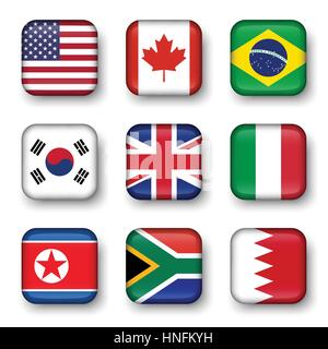 Set of world flags quadrangular badges ( USA . Canada . Brazil . South korea . United kingdom of great britain . Italy . North korea . South africa .  Stock Vector