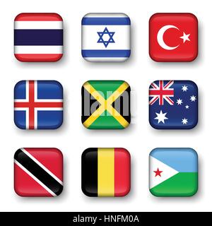 Set of world flags quadrangular badges ( Thailand . Israel . Turkey . Iceland . Jamaica . Australia . Trinidad and tobago . Belgium . Djibouti ) Stock Vector