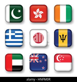 Set of world flags quadrangular badges ( Pakistan . Hong kong . Ivory Coast . Greece . Japan . Barbados . UAE . New zealand . Singapore ) Stock Vector