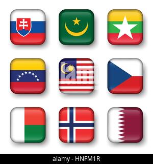 Set of world flags quadrangular badges ( Slovakia . Mauritania . Myanmar . Venezuela . Malaysia . Czech . Madagascar . Norway . Qatar ) Stock Vector