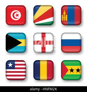 Set of world flags quadrangular badges ( Tunisia . Seychelles . Mongolia . Bahamas . England . Russia . Liberia . Chad . Sao Tome and Principe ) Stock Vector