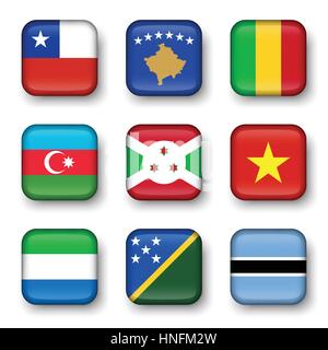 Set of world flags quadrangular badges ( Chile . Kosovo . Mali . Azerbaijan . Burundi . Vietnam . Sierra Leone . Solomon Islands . Botswana ) Stock Vector