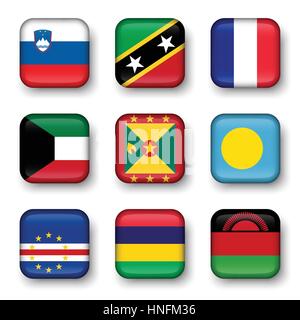 Set of world flags quadrangular badges ( Slovenia . Saint Kitts and Nevis . France . Kuwait . Grenada . Palau . Cape Verde . Mauritius . Malawi ) Stock Vector