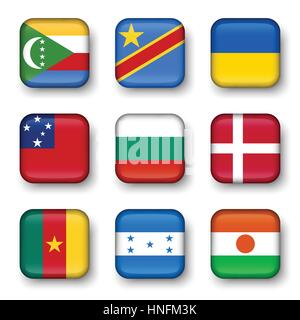 Set of world flags quadrangular badges ( Comoros . Democratic Republic of the Congo . Ukraine . Samoa , Bulgaria . Denmark . Cameroon . Honduras . Nig Stock Vector
