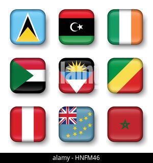 Set of world flags quadrangular badges ( Saint Lucia . Libya . ireland . Sudan . Antigua and Barbuda . Republic of the Congo . Peru . Tuvalu . Morocco Stock Vector