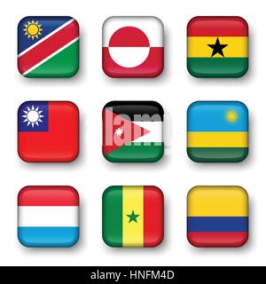 Set of world flags quadrangular badges ( Namibia . Greenland . Ghana . Taiwan . Jordan . Rwanda . Luxembourg . Senegal . Colombia ) Stock Vector