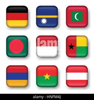 Set of world flags quadrangular badges ( Germany . Nauru . Maldives . Bangladesh . Indonesia . Guinea-Bissau . Armenia . Burkina Faso . Austria ) Stock Vector