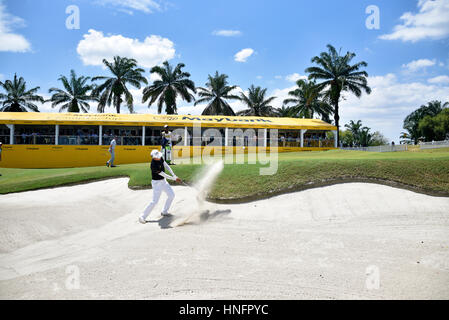 Kuala Lumpur, Malaysia. 12th Feb, 2017. Phachara Khongwatmai shot from bunker at the final days of Maybank Championship 2017 at Saujana Golf and country Club, Subang, Malaysia on February 12, 2017. He is the youngest professional golfer at this tournament Credit: Ali Mufti/Alamy Live News Stock Photo