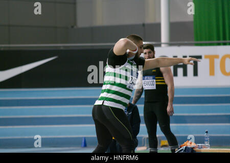 Sheffield, England, 12th February 2017. Youcef Zatat competing In the Shot Put at the British Athletics Indoor Team Trials, 2017 at the English Institute of Sport, Sheffield. He was placed second with a throw of 18.22 metres. Credit: Colin Edwards/Alamy Live News. Stock Photo