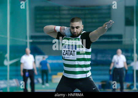 Sheffield, England, 12th February 2017. Youcef Zatat competing In the Shot Put at the British Athletics Indoor Team Trials, 2017 at the English Institute of Sport, Sheffield. He was placed second with a throw of 18.22 metres. Credit: Colin Edwards/Alamy Live News. Stock Photo