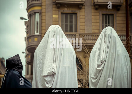Barcelona, Spain. 12th Feb, 2017. 'Gegants' (giants) of Sant Andreu are made ready for transportation after their performance during the Santa Eulalia festival in Barcelona Credit: Matthias Oesterle/Alamy Live News Stock Photo