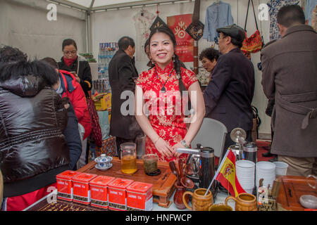Madrid, Spain. 12th Feb, 2017. The closure of the 2017 Chinese Festival celebrating the Chinese New Year took place at Plaza España y Madrid, gathering hundreds of people of all ages and nationalities. The event gathered cultural shows performed by Chinese residents in Madrid and locals, the tasting of Chinese cuisine and workshops. Credit: Lora Grigorova/Alamy Live News Stock Photo