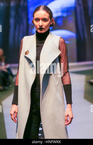 Olympia London, UK 12 Feb 2017  Model on catwalk on the opening day of the Pure London 2017 Autumn/Winter collection preview showcasing the latest designs from a mix of stylish labels aimed at a trend-led audience.
