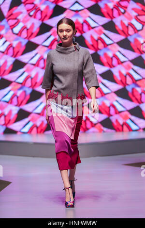 Olympia London, UK 12 Feb 2017  Model on catwalk on the opening day of the Pure London 2017 Autumn/Winter collection preview showcasing the latest designs from a mix of stylish labels aimed at a trend-led audience.
